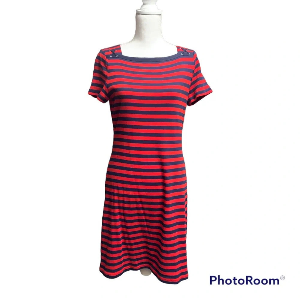 Chaps red/blue striped lightweight dress size Medium. Cute criss cross shoulder